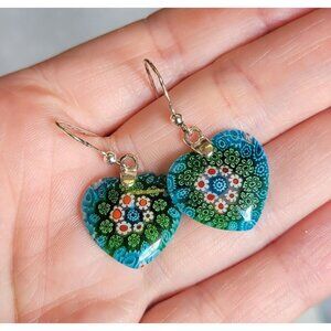 925 Stamped Silver Blue Green Millefiori Glass Heart Earrings E1